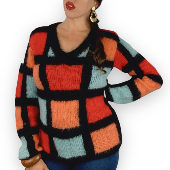 70's hand knitted mohair color block sweater - Picture 11 of 14